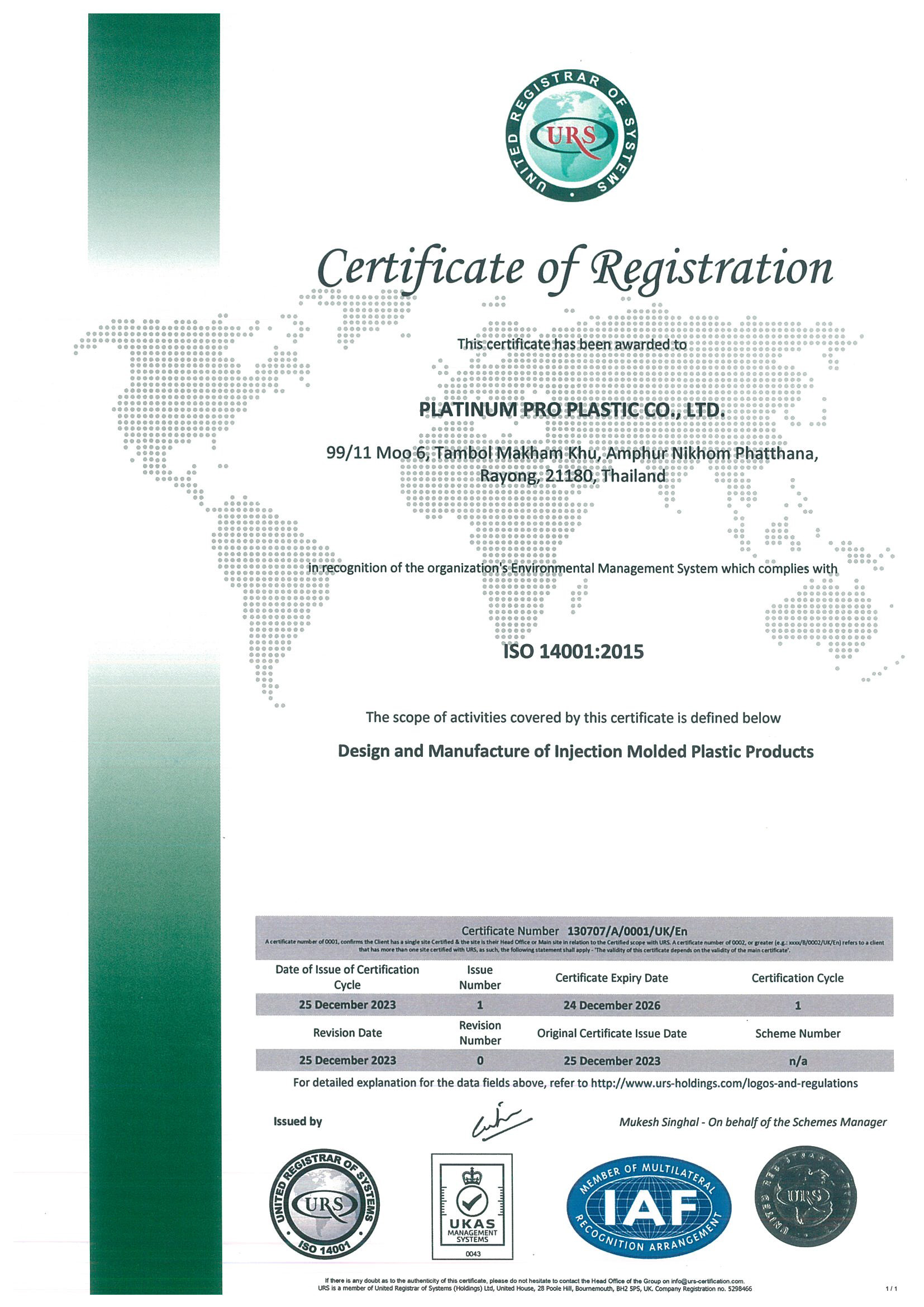 CERTIFICATE ISO 14001 v 2015 25 12 2023 24 12 2026